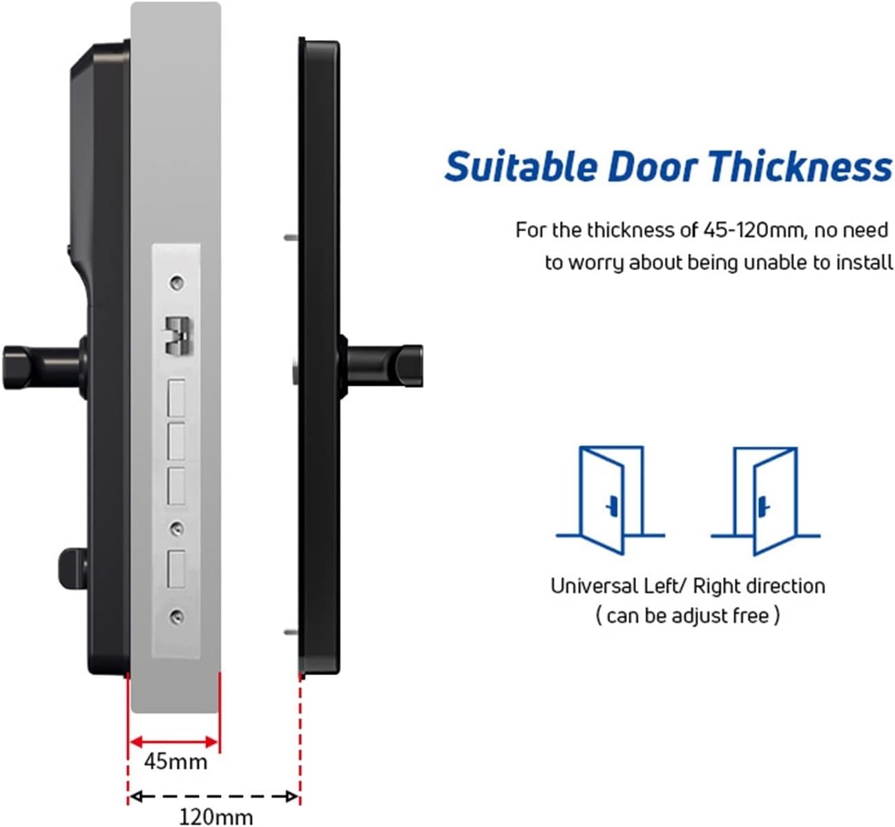 Diagram illustrating suitable door thickness (45-120mm) and universal left/right door direction for the smart lock.