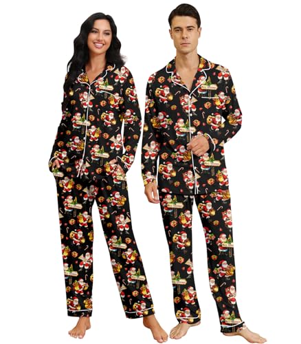 Image of RAISEVERN Couples Christmas Matching Pajamas 2 Piece Women Men Xmas Pjs Soft Pajama Set Long Sleeve Loungewear Warm Sleepwear