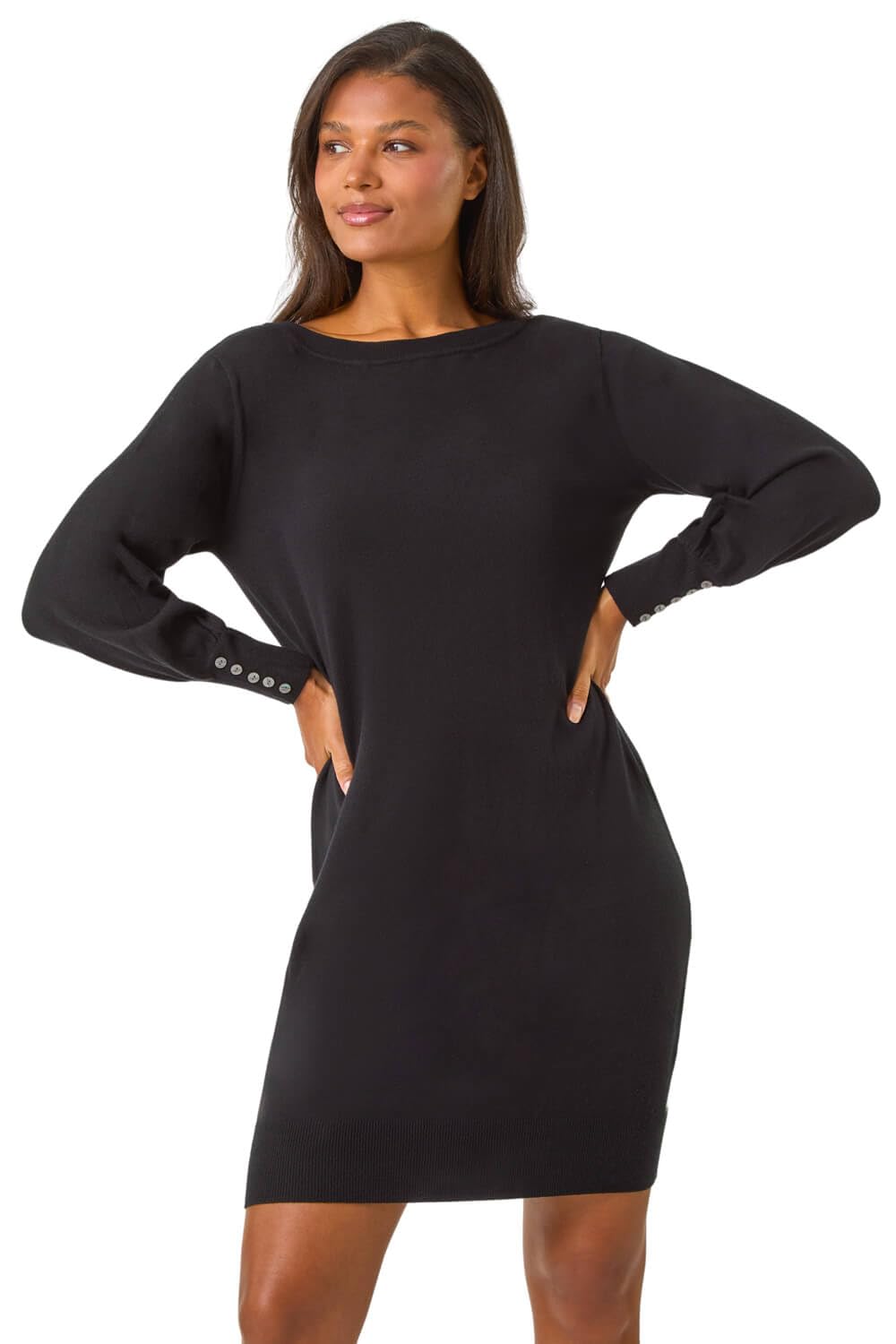 Roman Originals Women's Plain Black Knitted Jumper Dress For Uk Stretchy Knit Knitwear Autumn Winter Casual Smart Pull On Work Long Sleeves Slouch Above Knee Short Length - Size 16