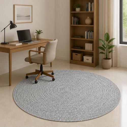 Image of Handmade Cotton Braided 4x4 feet Throw Rug - Washable, Low Pile Reversible Floor Mat for Bedroom, Kitchen, Entryway & Living Room - Eco-Friendly Woven Carpet - (Light Grey Round, Round)