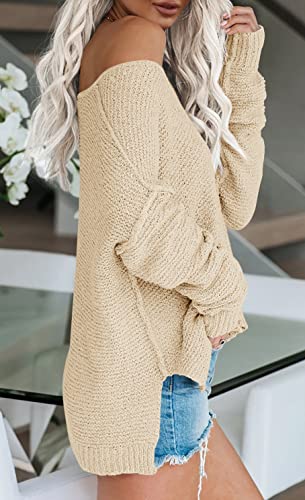 Image of Women's Off Shoulder Knit Sweaters Oversized V Neck Long Sleeve Loose Lightweight Pullover Tops