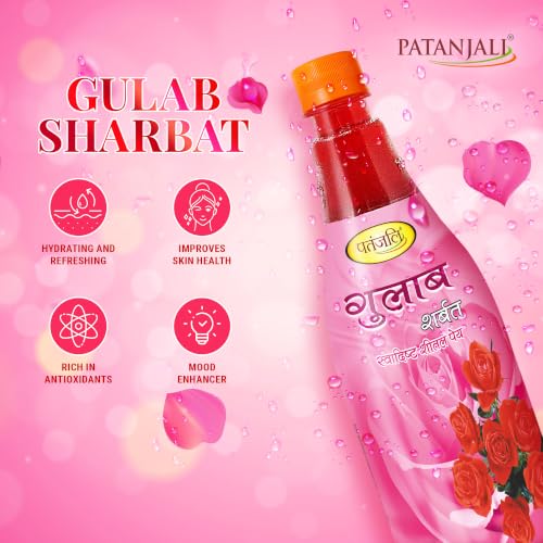 Image of Patanjali Gulab Sharbat, Instant Summer Cooler Drink, Refreshing Taste, 100% Natural Rose Flavor - 750 Ml