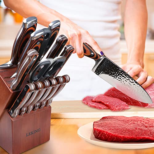Leking 15-Piece Block Knife Set With Wooden Block, Premium High Carbon Stainless Steel Chef Knife Set With Pakka Wooden Handle, Kitchen Knife Sets With Sharpener, Knives Set, Scissor, 6 Steak Knives #TOP4