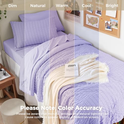 Image of HYMOKEGE Light Purple Twin Comforter Set Seersucker 5 Pieces, All Season Luxury Bed in a Bag for Bedroom, Bedding Set with Comforter, Sheets, Pillowcase & Sham