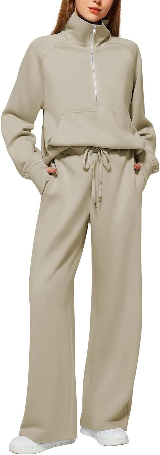 Women's Tracksuit 2 Piece Full Set Oversized Half Zip Pullover Sweatshirt and Wide Leg Drawstring Trousers Sweatpants Ladies Autumn Co Ord Set Gym Sports Activewear Loungewear