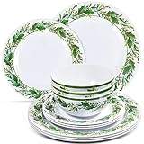 Ziliny 30 Pcs Christmas Dinnerware Set Christmas Melamine Dinner Plates Set 10 Pcs 11' Dinner Plates 10 Pcs 8' Plates 10 Pcs 6' Soup Bowl Holly Leaf Christmas Melamine Plates Set for Home Party