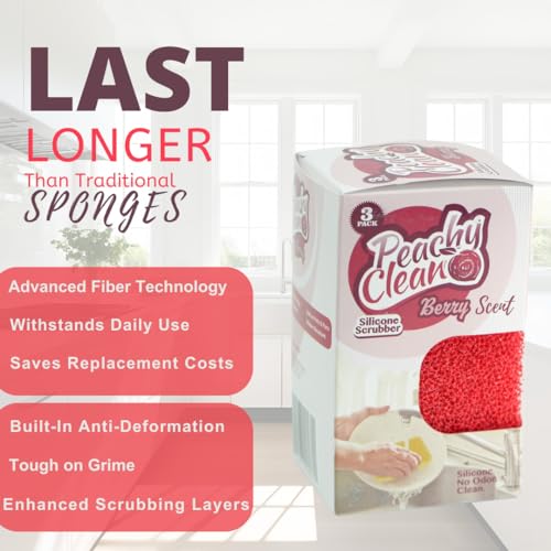 Image of Peachy Clean Silicone Dish Sponge Scrubbers, Fresh Berry Scent, Non-Scratch, Odor-Resistant, Durable Dish Sponges for Kitchen 3pk