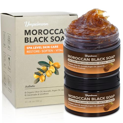 2 PCS Unrefined Moroccan Black Soap Handcrafted Argan Oil Authetic Black Beldi Soap SPA Level Highly Moisturize Purify and Soften Skin with Laurel Oil for Face and Body No Fragrance 5.29 oz/150 g