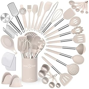 Umite Chef Silicone Kitchen Cooking Utensil Set, 43 pcs Spatula Set with Stainless Steel Handle, Non-stick Heat Resistant – Best Cookware Set-(Khaki)