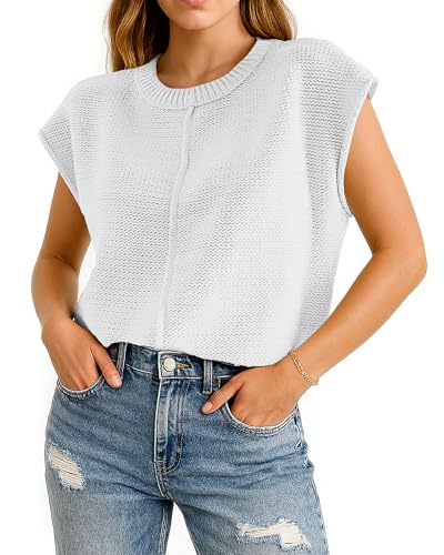 Image of COSSEN Womens Summer Cap Sleeve Tops Trendy Casual Crew Neck Knit Lightweight Sweater Pullover Top