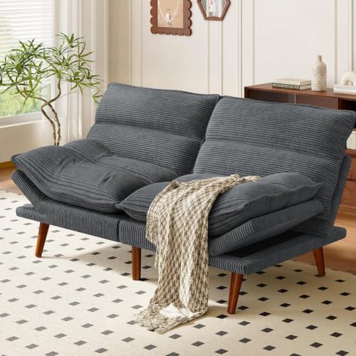 Image of Amada 66 inch Convertible Futon Sofa Bed, Corduroy Loveseat Sleeper Couch with Adjustable Backrest & Armrests, Memory Foam Folding Recliner for Living Room, Apartment, Office, Asphalt Grey
