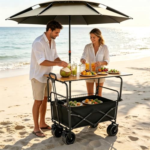 Carrito de comida plegable con mesa de madera y sombrilla beige de 148cm para eventos 2