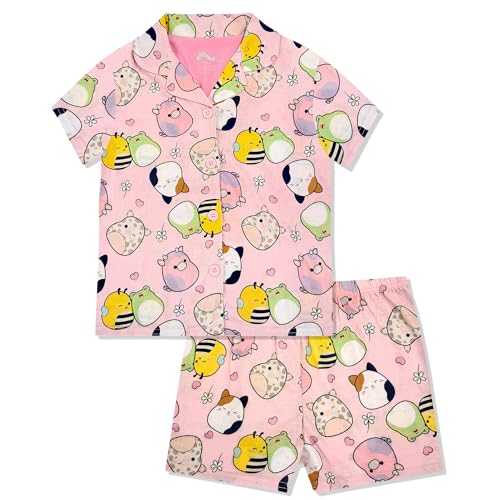 Squishmallows Girls Pajama Set - 2 Piece Cozy Girls Pjs with Button Down Short Sleeve & Shorts For Kids - Official Product Light Pink