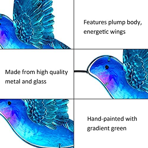 John's Studio Metal Hummingbird Wall Decor Bathroom Glass Art Iron Sculpture Outdoor Blue Hanging Decoration for Home Bedroom Garden Patio Porch or Fence - Blue