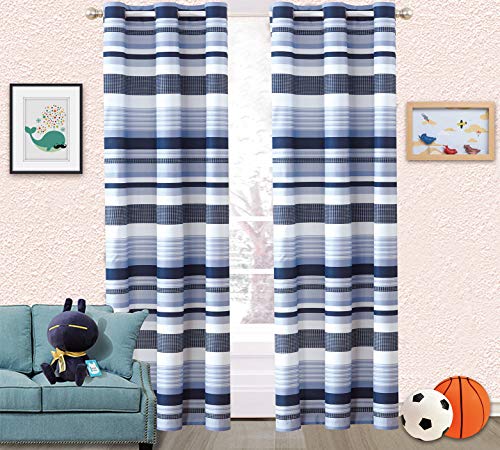 Sapphire Home Kids Boys Teens 2 Window Curtain Panels 84" Length, Stripes Checked Blue White Navy Print Design Window Curtain for Teens Boys Girls, Kids Bedroom DÃ©cor, Stripes Curtain