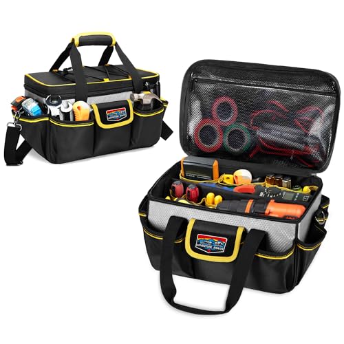 Rexmica Heavy-duty Small Tool Bag, 12-Inch Tool Storage Organizer for Men, Multi-functional Work Tote with Thick Padded Bottom and Shoulder Strap for Electrician, Repairman, Handyman, Gardener, Black
