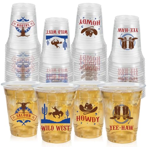 KUERTEKK 50 Pcs 12OZ Western Cowboy Party Plastic CupsWestern Rodeo Theme Birthday Party Cups Longhorn Boots Hat Print Beverage Drinking for Cowboy Theme Decorations Supplies
