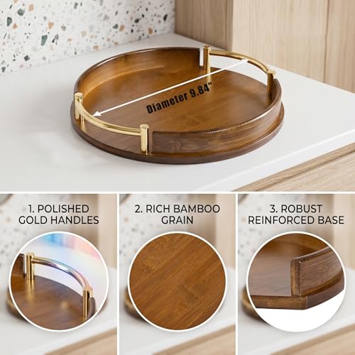 Bathroom Tray for Countertop Organizer,Vanity Tray with Gold Handle,Bamboo Tray for Bathroom Decor,Toilet Tank Tray, Multipurpose Organizer Rack for Lavatory, Bathroom,and Kitchen(Diameter 9.84") — view 5