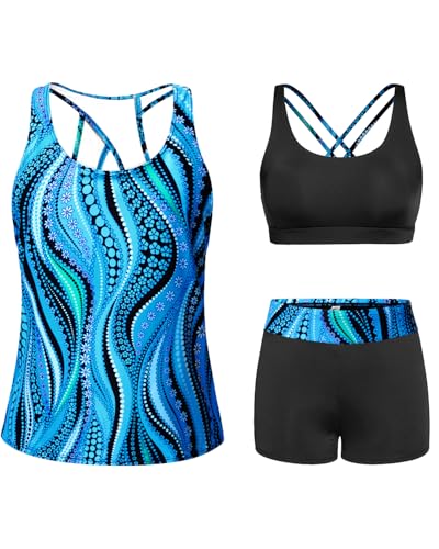Image of 3 Piece Tankini Long Sleeve Swimsuits Athletic Rash Guard Bathing Suits | Modest,Full Coverage,High Waisted Short,Quick Dry,Criss Cross Back