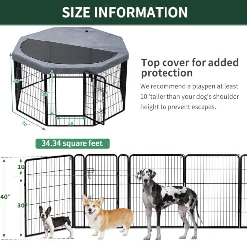 Image of PETIME Dog Playpen,Metal Exercise Puppy Pen Heavy Duty Kennels Yard Fence Indoor /Outdoor 30 inch W x 40 inch H 8 Panels Dog Cage with Octagon Top Cover and Bottom Pad