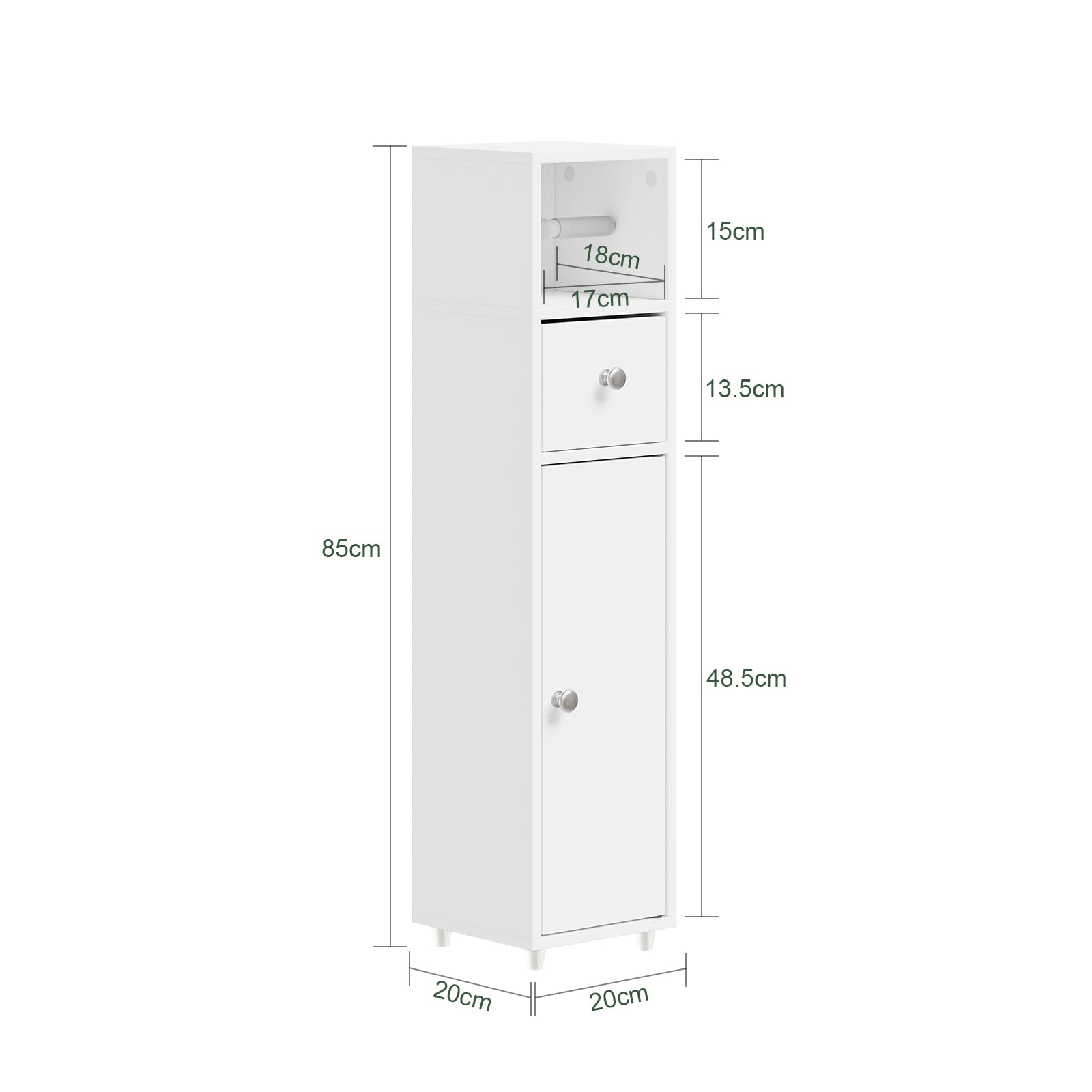 SoBuy Mobile Bagno Salvaspazio 20cm con Porta Carta Igienica per WC | Mobiletto Bagno Stretto e Cassetto Armadietto Bianco a Terra per Piccoli Spazi Cassettiera Sottile BZR219-W