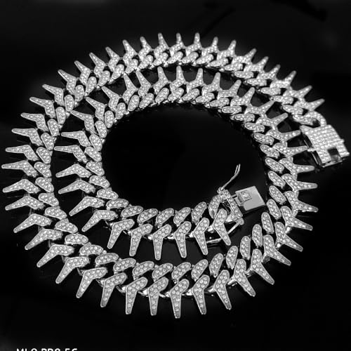 Image of Dog Chain Collar, Side Spiked Style Necklace Bling Diamond Cuban Link Dog Collars Glitter Rhinestone Puppy Collar for for Small Medium Large Pet Dogs (Silver, 24 Inch)