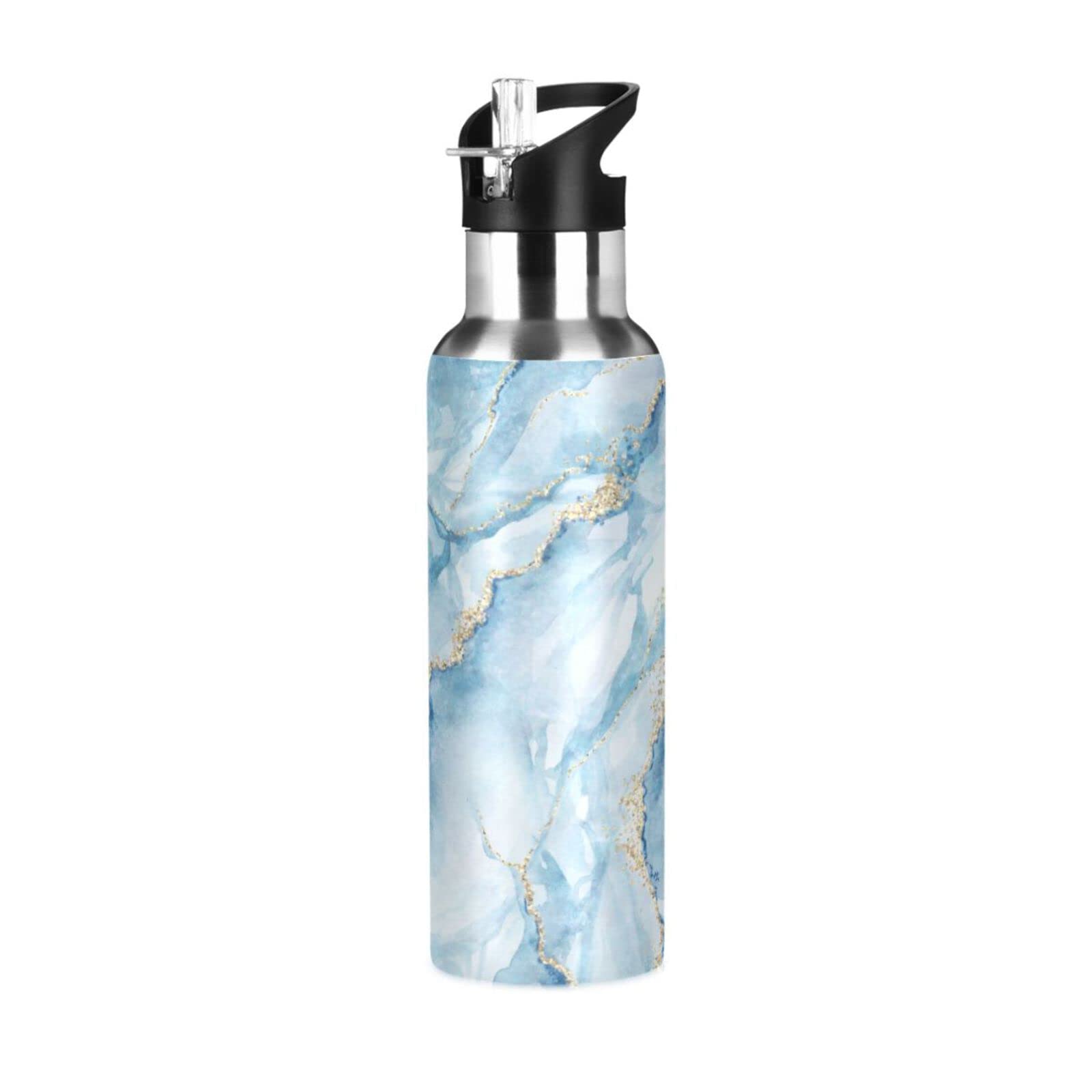 Sky Blue Marble Water Bottle for Boys Girls Stainless Steel Drink Flask Straw Vacuum Insulated Leakproof Thermos for Sports Travel 600 ml