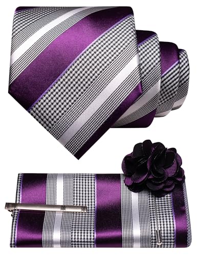 Image of JEMYGINS Mens Striped Tie and Lapel Pin Necktie Pocket Square and Tie Clip Sets for Business Casual 4PCS