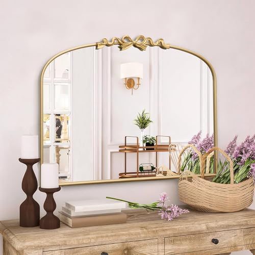 Besdomus Antique Arched Large Mirror: 36"x29" Gold Bow Vintage Wall