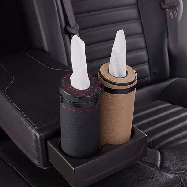 Image of Automaze PU Leather Plus ABS, Car Cylindrical Cup Holder Tissue Holder Box with 3 Ply 40 Pulls Tissues (Beige)