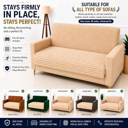 Image of Homerz Premium Rabbit Fur Sofa Cover with Anti-Skid Backing, Soft Plush Fabric Sofa Protector for Living Room Furniture (Beige, 2 Seater, Only Seat Cover)