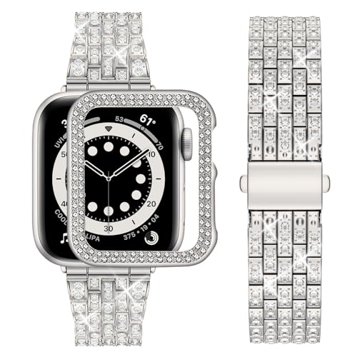 Image of wutwuk Diamond Band with Bling Case Compatible with Apple Watch Bands for Women 42mm, Sparkly Metal Strap with Crystal Protective Bumper for iWatch Series 11 10, Starlight