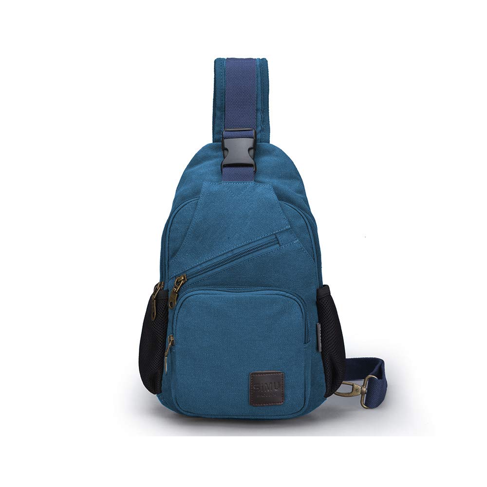 SIMU Sling Bag Pack Canvas Shoulder Sling Backpack Small Crossbody Chest Bag for ipad mini (Large blue)