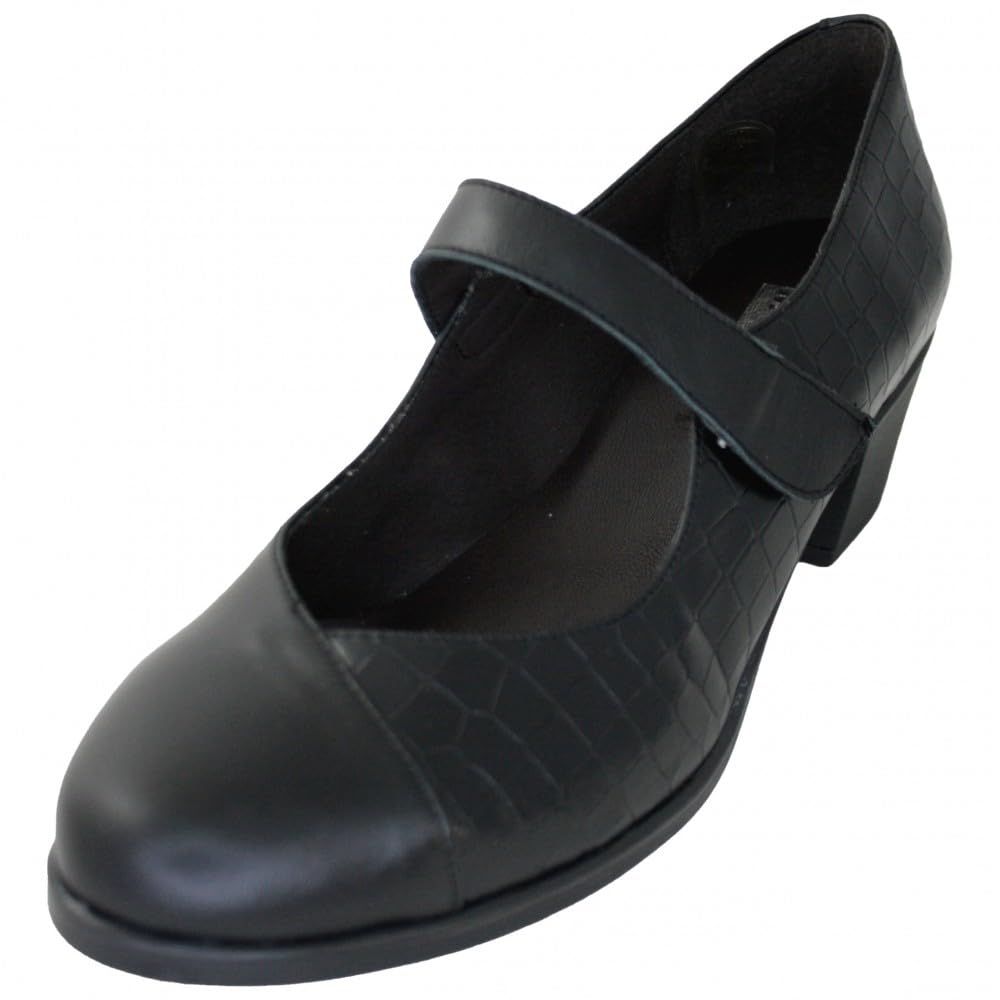 Zapatos Merceditas negros de piel con cuña media, ideales para la oficina y el día a día 8