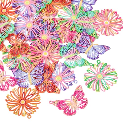Spritewelry 32Pcs Stainless Steel Pendants Colorful Flower Butterfly Filigree Charms Hollow Metal Embellishments Hanging Ornaments for Jewelry Making - Image 2