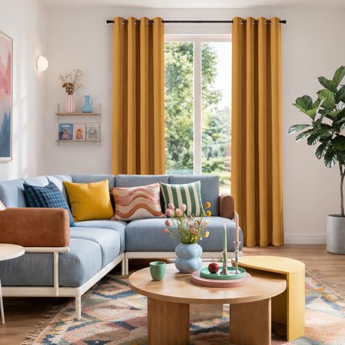 Image of 100% Blackout Shield Linen Textured Total Blackout Curtains for Bedroom 90 Inches Long, Mustard Yellow Grommet Curtains for Living Room, Thermal Insulated Room Darkening Drapes, 50 inchW x 90 inchL, 2 Panels