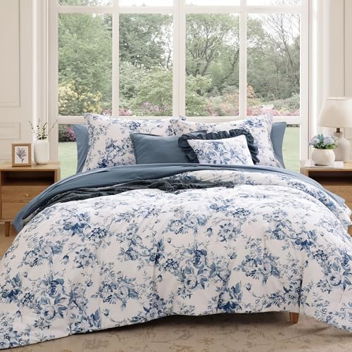 BLOOMHAVEN Queen Comforter Set -7 Pieces Floral Blue Comforter Set for All Seasons, Bed in a Bag Queen with Botanical Flowers Comforter, Sheets, Pillowcases & Shams