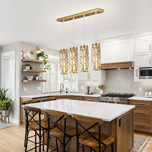 Image of LMQNINE 4 Light Gold Pendant Lighting Modern Pendant Light, Mini Crystal Chandeliers,Adjustable Pendant Light Fixture for Kitchen Island Dinning Room Bedroom(Gold 4-Light)