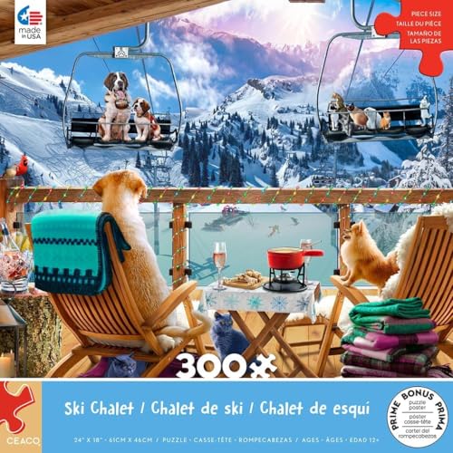 Ceaco - Ski Chalet - Rompecabezas de 300 Piezas Grandes para Adultos | Arte de Andrew Farley, Hecho en USA, Piezas Fáciles de Agarrar, Tamaño Terminado 22 x 15 in, Incluye Póster, Enmarcable, Ideal para regalo miniatura 3