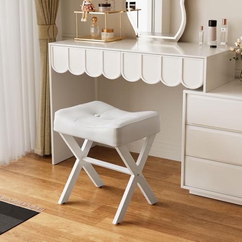 Image of Memobarco 18-Inch Leather Vanity Stool Chair, Vanity Bench with Metal X-Leg, Ottoman Accent Stool with Thick Padded Saddle Seat, White