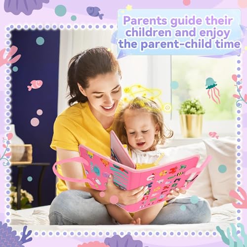 Image of Toddlers Busy Board, Sensory Boards for Autism Toys, Interactive Educational Toys 2+ Years Old Girls Boys Learn to Dress, Fine Motor Skills Travel Toys for Airplane or Car (Sea Creature Pink)
