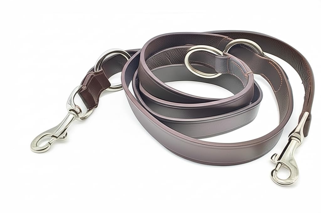 Leather Dog Training Lead Police Style 3/4 Inch Wide Multi-Functional Double Clip Leash With Colour Black Brown Grey Tan (Brown)