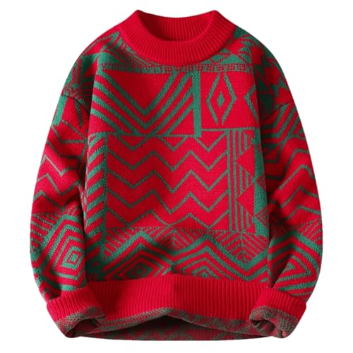 Men Crew Neck Vintage Knit Sweater Long Sleeve Patchwork Party Casual Warm Pullover Jumper