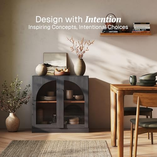 Image of BELLEZE Bijou 31.5 inch Modular Sideboard Cabinet - Expandable Design w /Arched Glass Doors - Use Solo or Combine for Buffet, Living Room Media Center & Entryway - 70lbs Capacity, Ebony