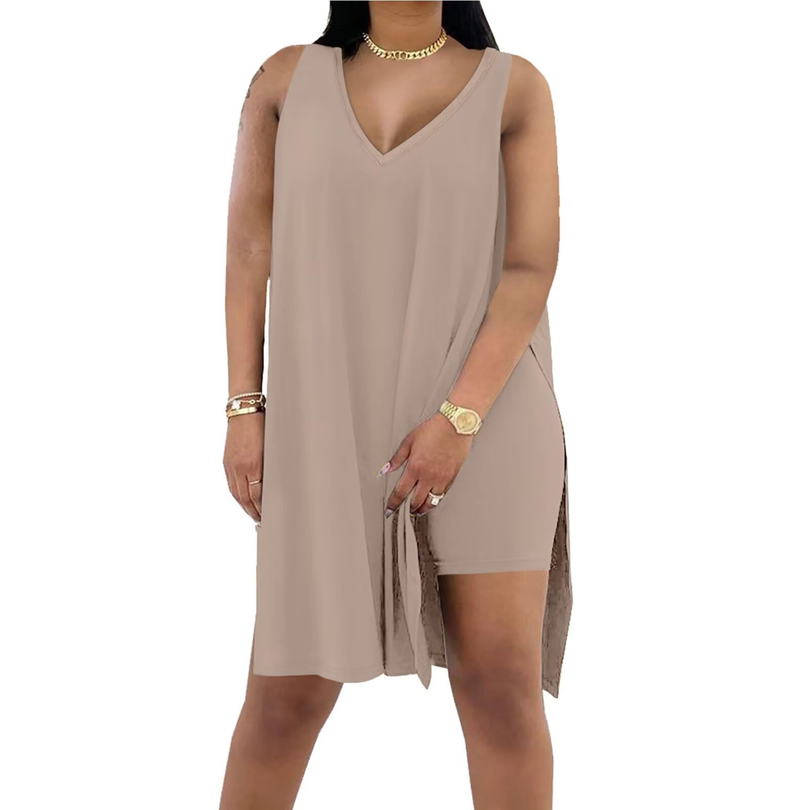Difanlv Plus Size Women 2 Piece Outfits, Sleeveless Tunic Tops Bodycon Biker Shorts Set, Summer Casual Oversized Tracksuit