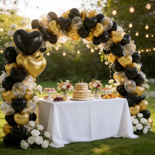 Image of Black & Gold Heart Balloons Party Decorations, Heart Shaped Foil and Latex Balloon Decorations for Men Women Happy Birthday Party, Retirement, Graduation, Anniversary, Baby Shower, Wedding, Engagement