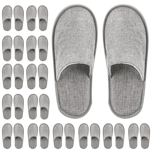 Frcctre 15 Pairs Disposable Slippers, Non-Slip Closed Toe Linen Disposable Spa Slippers Portable Indoor Slipper for Hotel, Travel, Guests and Home, Individually Wrapped, Gray