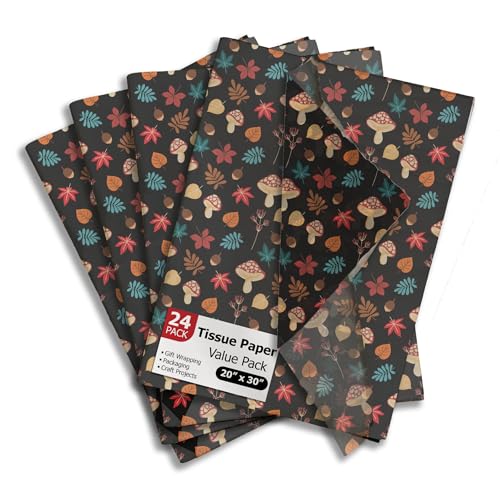 Fall Medley Printed Tissue Paper for Gift Bags or Boxes and Wrapping - Autumn Mushrooms Bulk Decorative Art Tissue Paper for Packaging and Gifting | 24 Sheets 20 x 30