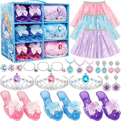 LJZJ Princess Dress Up Toys & Jewelry Boutique, Costumes Set incl Color Skirts, Shoes, Crowns, Accessories, Girls Role Play Gift for 3 4 5 6 Year old Girl Toddler ​B-day Party Favors Cover
