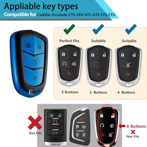 Image of Key Fob Cover for Cadillac, Leather-Style Keychain Tab, Blue